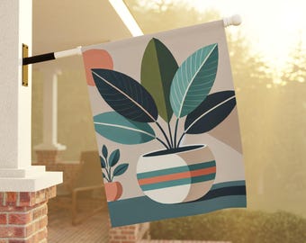 May include: A garden flag with a stylized illustration of a potted plant with large green leaves. The pot is white with a teal and orange stripe design. The background is a light beige color.
