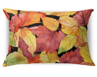 Autumn Watercolor Leaves Pillow – Black Background Fall Lumbar Cushion with Piping Trim or Knife Edge – Elegant Cozy Seasonal Home Décor