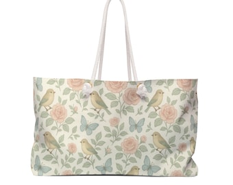 Vintage Birds and Roses Weekender Bag | Floral Butterfly Travel Tote, Women's Handbag
