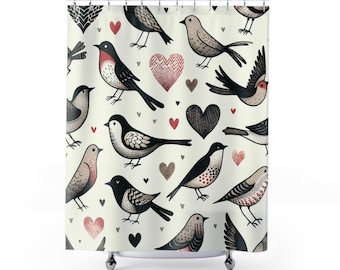 Charmanter Vogel & Herz Duschvorhang, Boho Badezimmer Dekor, Geschenk für Naturliebhaber, Hauptästhetik, einzigartiges Hochzeitsgeschenk