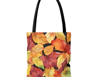 Levendige draagtas met bladeren van de herfstwaterverf | Kleurrijke schoudertas met bladpatroon, herfstdraagtas, weekendtas dames