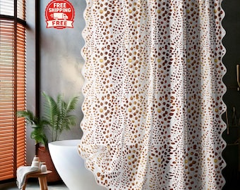 Autumn Botanical Scalloped Shower Curtain – Fall-Inspired Bathroom Décor with White Trim – Cozy Farmhouse & Cottagecore Style
