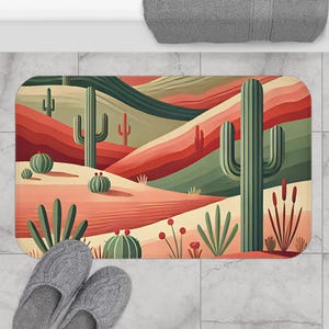 Desert Vibes Bath Mat, Boho Bathroom Decor, Cactus Bath Rug, Southwestern Home Accessories, Nature Inspired Bath Mat