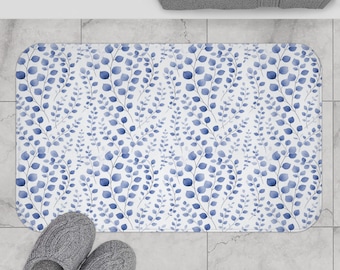 Blue Botanical Pattern Bath Mat, Soft Bathroom Rug, Floral Decor, Cozy Home Accessory, Housewarming Gift, Spa Inspired