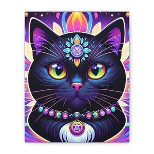 Vibrant Cat Canvas Art | Colorful Feline Wall Decor, Cat Lover Gift, Meditation Home Decor, Unique Art for Living Room
