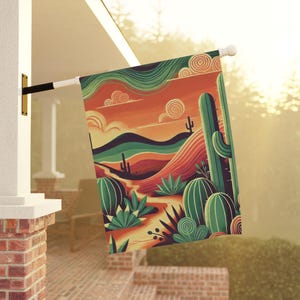 May include: A colorful illustration of a desert landscape with cacti and a winding path. The sky is a vibrant orange and yellow, with green and brown hills in the background. The cacti are various shades of green, with some having red accents. The path is a light brown color.