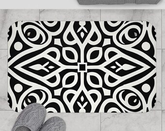 Elegant Black and White Bath Mat, Luxurious Bathroom Decor, Modern Home Accent, Stylish Shower Mat, Gift for Housewarming