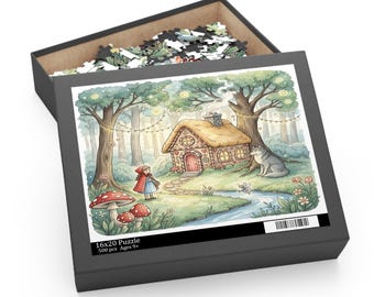 May include: A 16x20 inch puzzle box with a fairytale illustration. The artwork depicts a cottage, Little Red Riding Hood, a wolf, and mushrooms in a forest setting. The box is black and contains puzzle pieces.