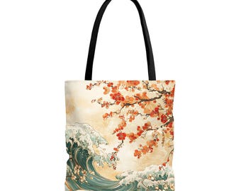 Japanese Cherry Blossom Tree and Water Wave Tote Bag - Floral