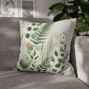 Botanical Print Square Pillowcase, Nature Inspired Home Decor, Cozy Living Room Accent, Greenery Pillow Cover for Home