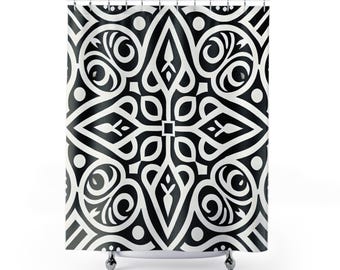 Douchegordijn zwart witte ruit - moderne badkamerinrichting, geometrisch patroon woonartikelen, abstract zwart-wit ontwerp, eigentijds bad