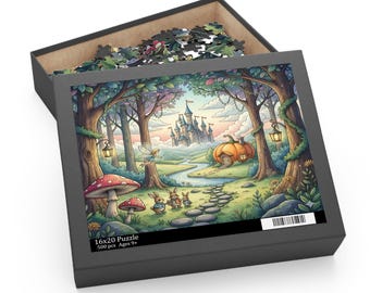 May include: A 16x20 inch puzzle box with a fantasy scene. The box is open, revealing puzzle pieces. The artwork depicts a forest with a castle, pumpkin house, mushrooms, and rabbits. The box reads "16x20 Puzzle 500 pcs Ages 9+".