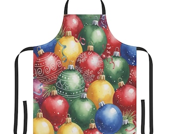 Levendige en kleurrijke kerstversieringen schort | Bakken voor de feestdagen, aquarel kerstballen, keukenaccessoires voor de feestdagen