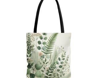 Groene draagtas met botanische varens en eucalyptus | Aquarel bloemenprint, weekendtas