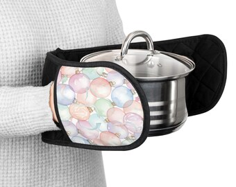 Pastelkleur kerstversieringen patroon ovenwanten | Dubbele pannenlap, gewatteerd keukenaccessoire