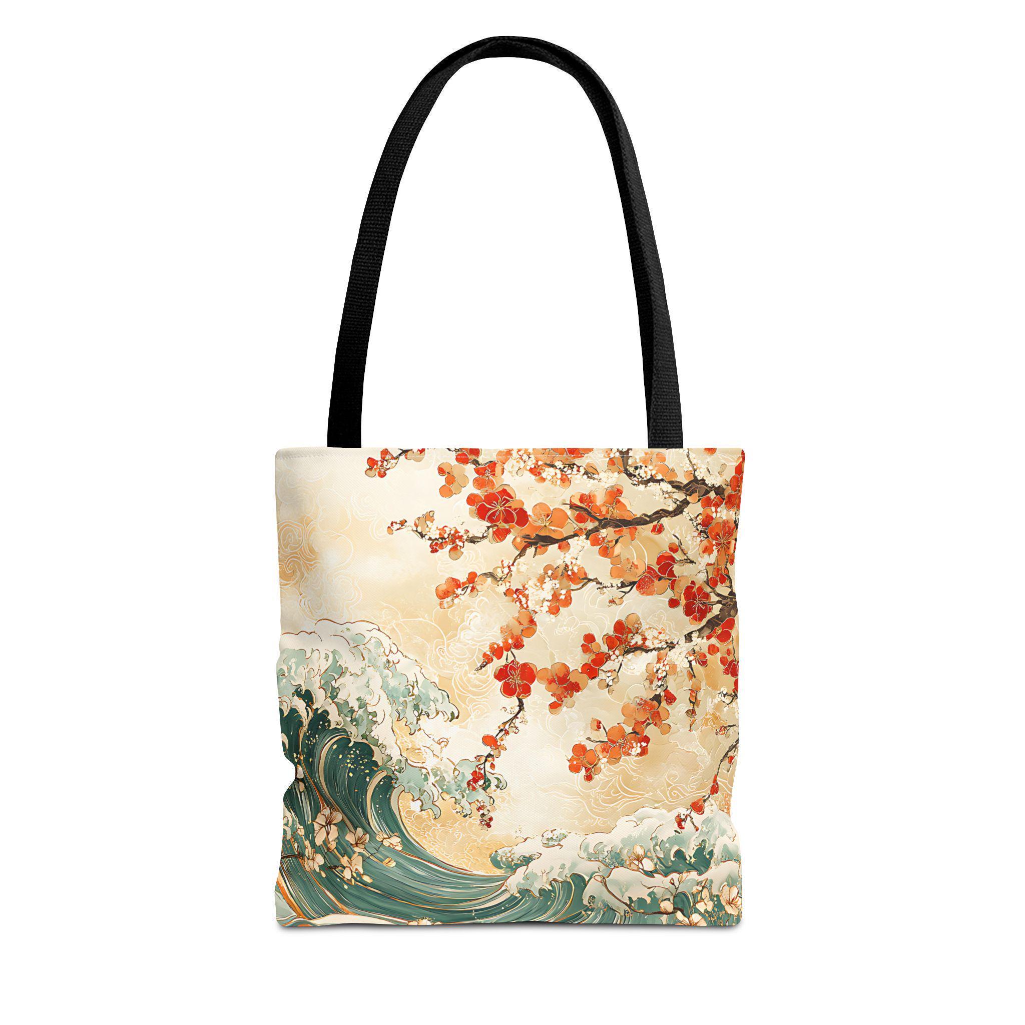 Japanese Cherry Blossom Tree and Water Wave Tote Bag - Floral