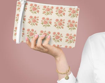 Vintage Pink Rose Pattern Clutch | Floral Wristlet Purse, Ladies Handbag