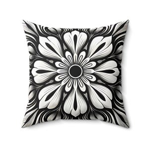 Black and White Floral Throw Pillow - Modern Decorative Cushion for Sofa or Bed. 18 x 18, 20 x 20
