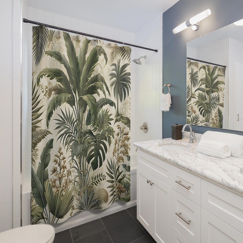 Tropical Paradise Shower Curtain - Boho Bathroom Decor, Jungle Vibes, Nature-Themed Gift, Summer Bathroom Accessory, Eco-Friendly Design image 3