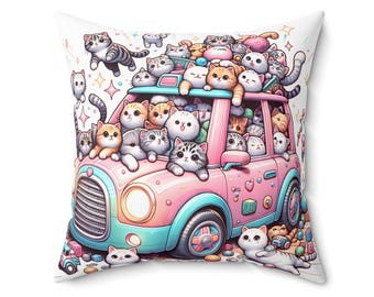Cute Cat-Themed Pillow, Aqua Blue Back Cover, Cozy Pet Lover Home Decor, Cat Enthusiast Gift, Cute Animal Cushion