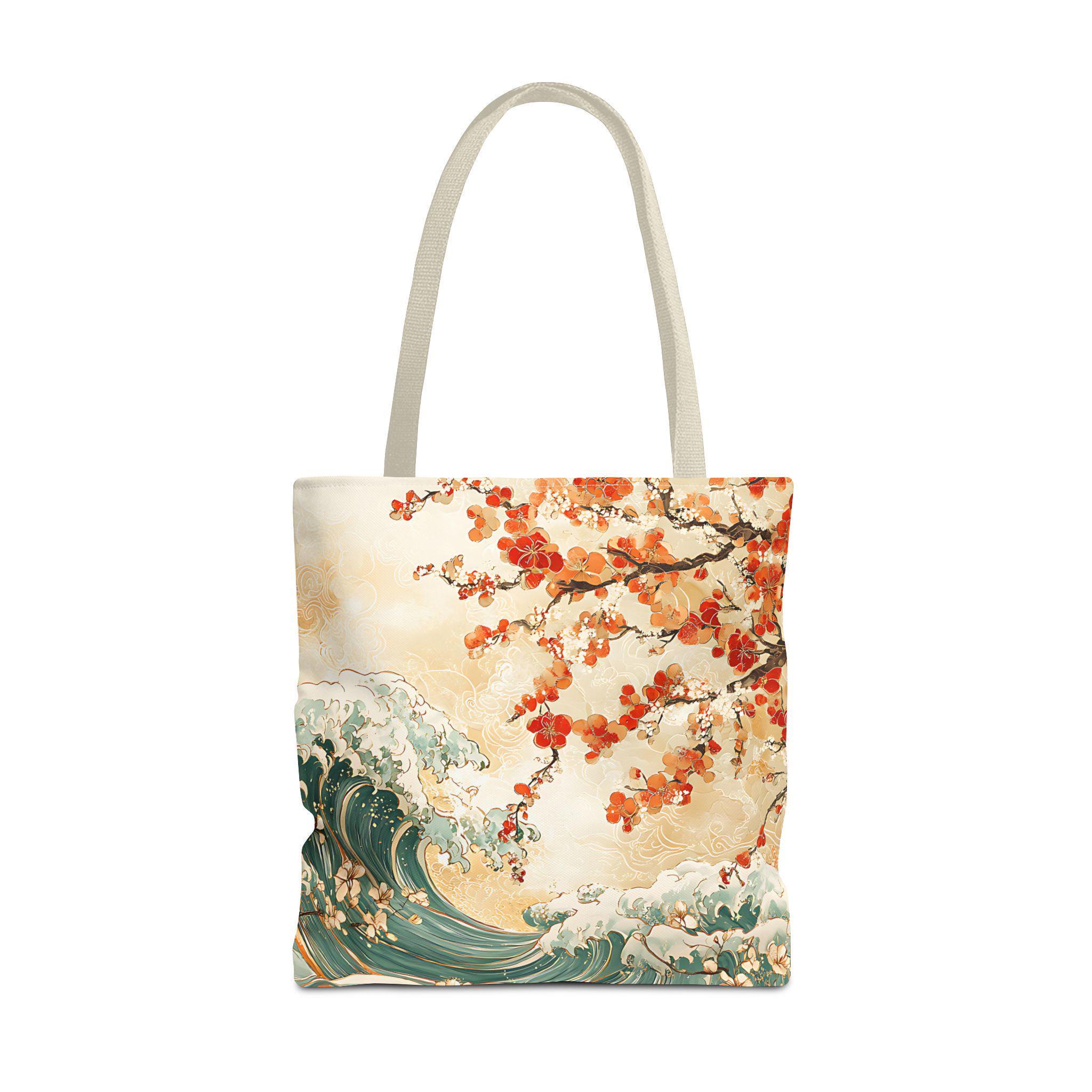 Japanese Cherry Blossom Tree and Water Wave Tote Bag - Floral