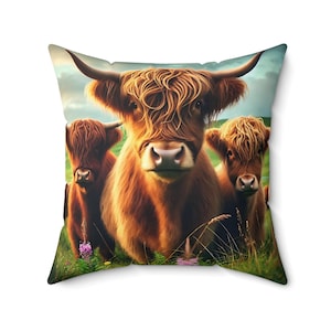 Highland Cows Spun Polyester Square Pillow, Cow Lover Gift, Farmhouse Home Decor, Rustic Cushion Cover, Animal Throw Pillow, Country Chic