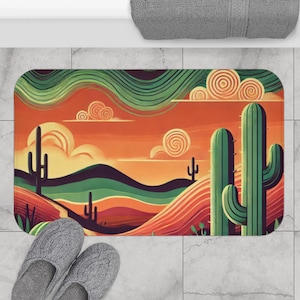 Desert Landscape Bath Mat with Cactus Patterns | Southwestern Decor, Bathroom Rug, Boho Home, Gift for Homeowners, Unique Mat
