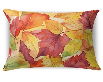 Autumn Watercolor Leaves Lumbar Throw Pillow – Cozy Fall Home Accent