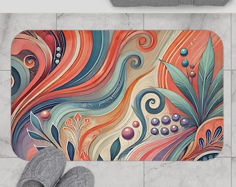 Boho Chic Bath Mat, Colorful Floral Bathroom Decor, Artistic Bath Rug, Vibrant Housewarming Gift, Spa-Style Comfort