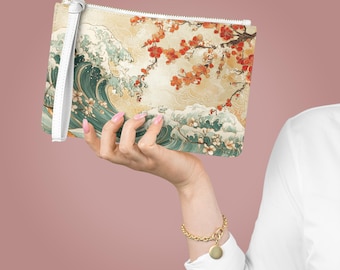 Vibrant Japanese Wave and Cherry Blossom Clutch Bag | Floral Ocean Print, Ladies Purse
