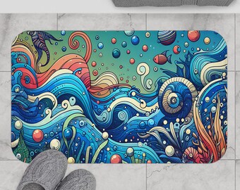 Tappetino da bagno Ocean Waves - Decorazione da spiaggia vivace, tappeto da bagno costiero, accessorio nautico per la casa, regalo per gli amanti del mare, articoli essenziali per il bagno