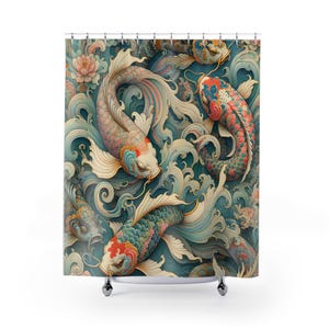 Koi Fish Shower Curtain - Japanese Wave Art, Bathroom Decor, Gift for Nature Lovers, Spa Vibe, Home Improvement