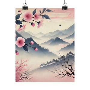 Kirschblüte in den Bergen, Kunstplakat, ruhige Landschaftsdekoration, Blumenwandkunst, japanische ästhetische Wohnkultur, Geschenk für Naturliebhaber