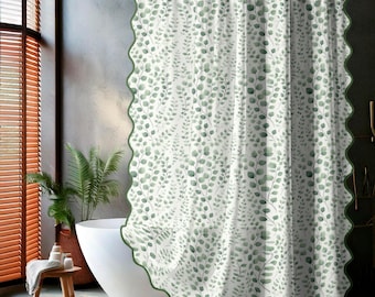 Botanical Rain Shower Curtain Scalloped Edge, Cotton Blend, 71 x 74, Extra Long 71 x 90, Nature Spa Bathroom Decor - Sage Green