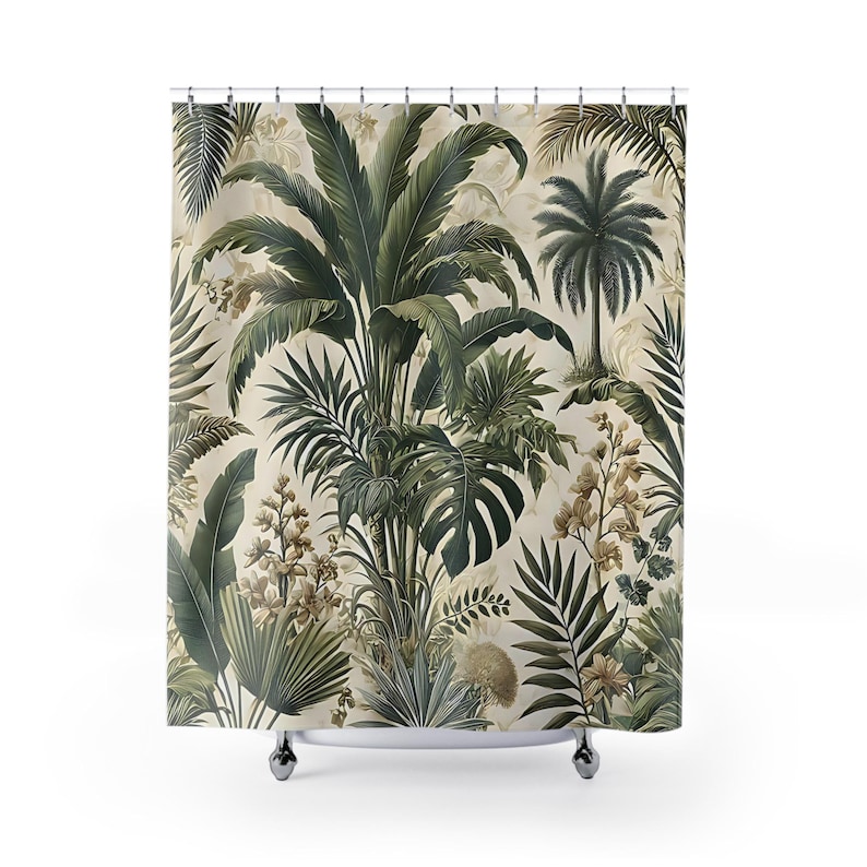 Tropical Paradise Shower Curtain - Boho Bathroom Decor, Jungle Vibes, Nature-Themed Gift, Summer Bathroom Accessory, Eco-Friendly Design image 1