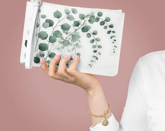 Elegant Watercolor Eucalyptus Clutch Bag | Green Botanical Wristlet, Ladies Purse, Woman's Handbags,
