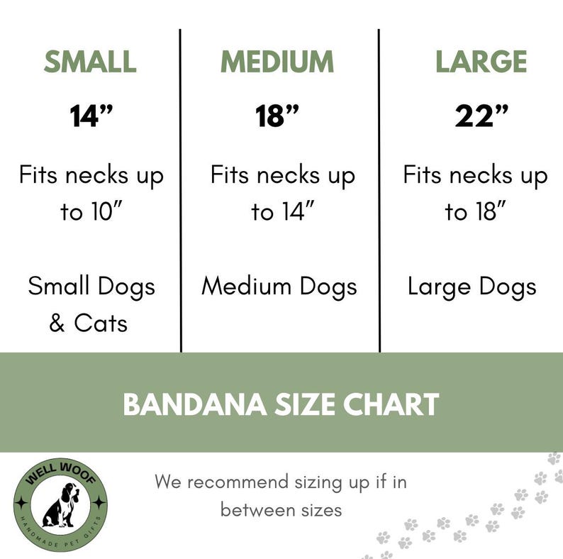 May include: Bandana size chart with measurements for small, medium, and large bandanas. Small bandanas are 14 inches, medium are 18 inches, and large are 22 inches. The chart also indicates the neck sizes each bandana fits and the size of dog or cat.