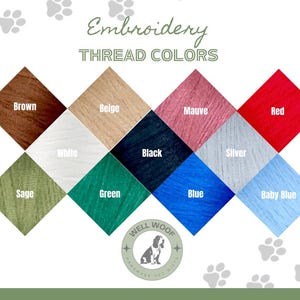 May include: A color chart for embroidery thread, featuring a variety of colors including brown, beige, black, red, and blue. The text "Embroidery Thread Colors" is at the top. A logo with a dog is at the bottom.