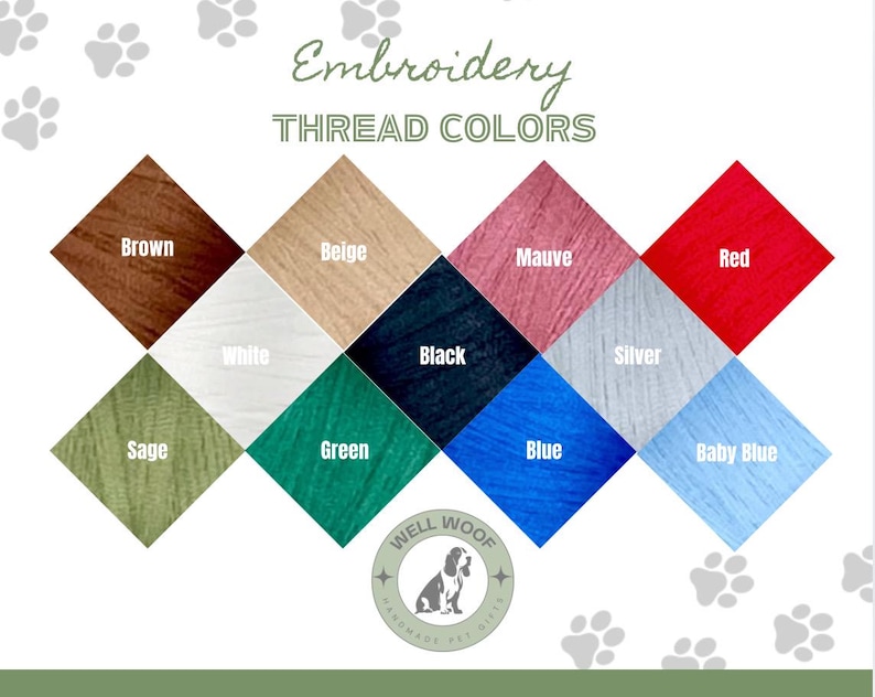 May include: A color chart for embroidery thread, featuring a variety of colors including brown, beige, black, red, and blue. The text "Embroidery Thread Colors" is at the top. A logo with a dog is at the bottom.