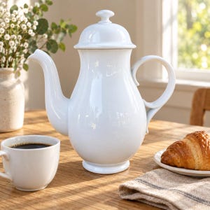 May include: A glossy white porcelain coffee pot with a curved handle, a long spout, and a matching lid with a knob handle. The pot features a rounded body that tapers toward the top and sits on a circular base, showcasing a smooth, reflective finish.