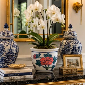 Vintage Chinoiserie Porcelain Cachepot Planter | Pink Floral Jardinière | Grandmillennial Decor | Orchid Pot | Blue & White Accent