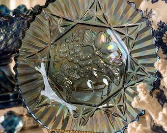 Vintage Federal Glass Pioneer Carnival Glass Fruit Plate | Iridescent Smoke Blue Carnival Glass | Embossed Fruit Pattern | 11 Inch Collector