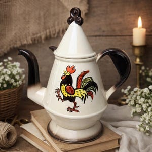 Vintage Metlox Poppytrail Rooster Coffee Pot w/ Lid | Pristine California Pottery | Farmhouse Decor