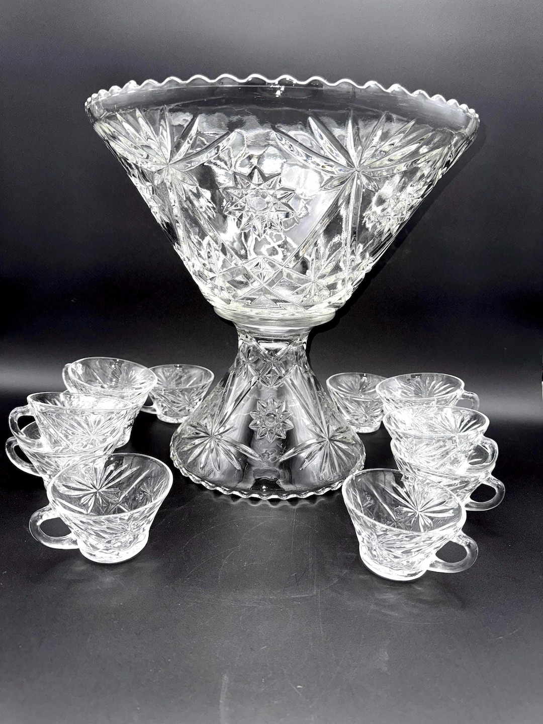 Vintage Anchor Hocking Punch Bowl Set Early American Prescut Pattern