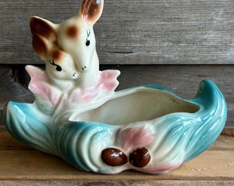 Vintage “Bambi” Style Deer Planter/Ceramic Doe & Fawn/1950’s Pink Glazed Pottery