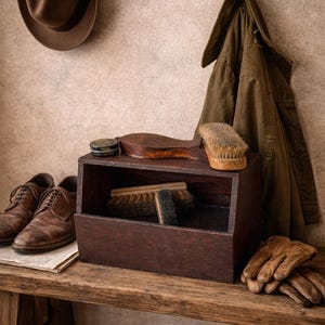Vintage Wooden Shoeshine Box w/ Footrest – OXXO & TIGER USA Brushes • Mid-Century Shoe Shine Set • Rustic Americana Decor