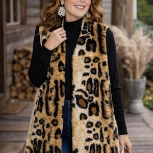 Joseph A Leopard Faux Fur Long Vest | Sleeveless Knit Back Duster | Size L | 34” Statement Layer