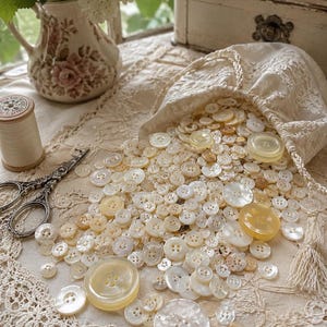 May include: A large collection of assorted cream, white, and translucent buttons in various sizes, shapes, and hole counts, spilling out from a cream-colored lace drawstring pouch onto a matching lace fabric surface with a spool of thread and scissors.