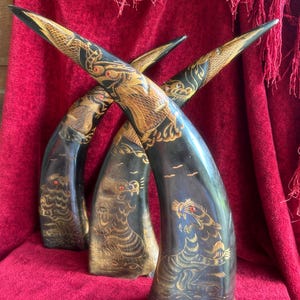 Hand Carved Ox Horn Dragon Sculptures - Mid Century Asian Folk Art, Set of 3