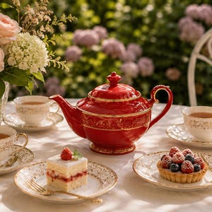 Vintage Teavana Exclusive Collection 6-Piece Bone China Tea Set in the Ruby Filigree Design.